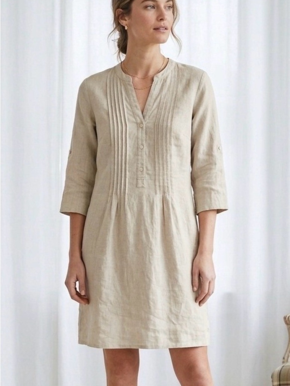 EUC J. McLaughlin Pintuck Linen Dress in Beige